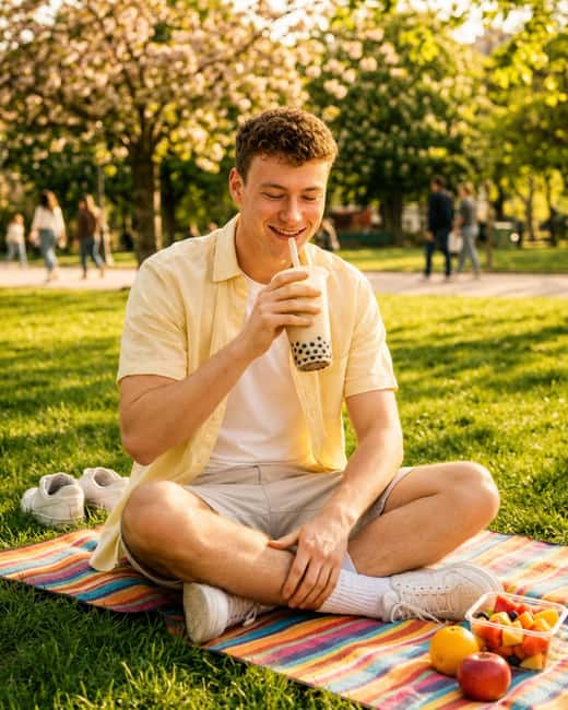 Adam Horák s bubble tea v parku
