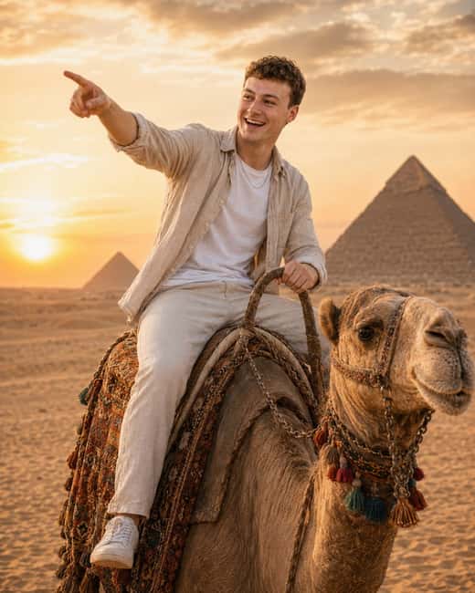 Adam Horák na velbloudovi u pyramid